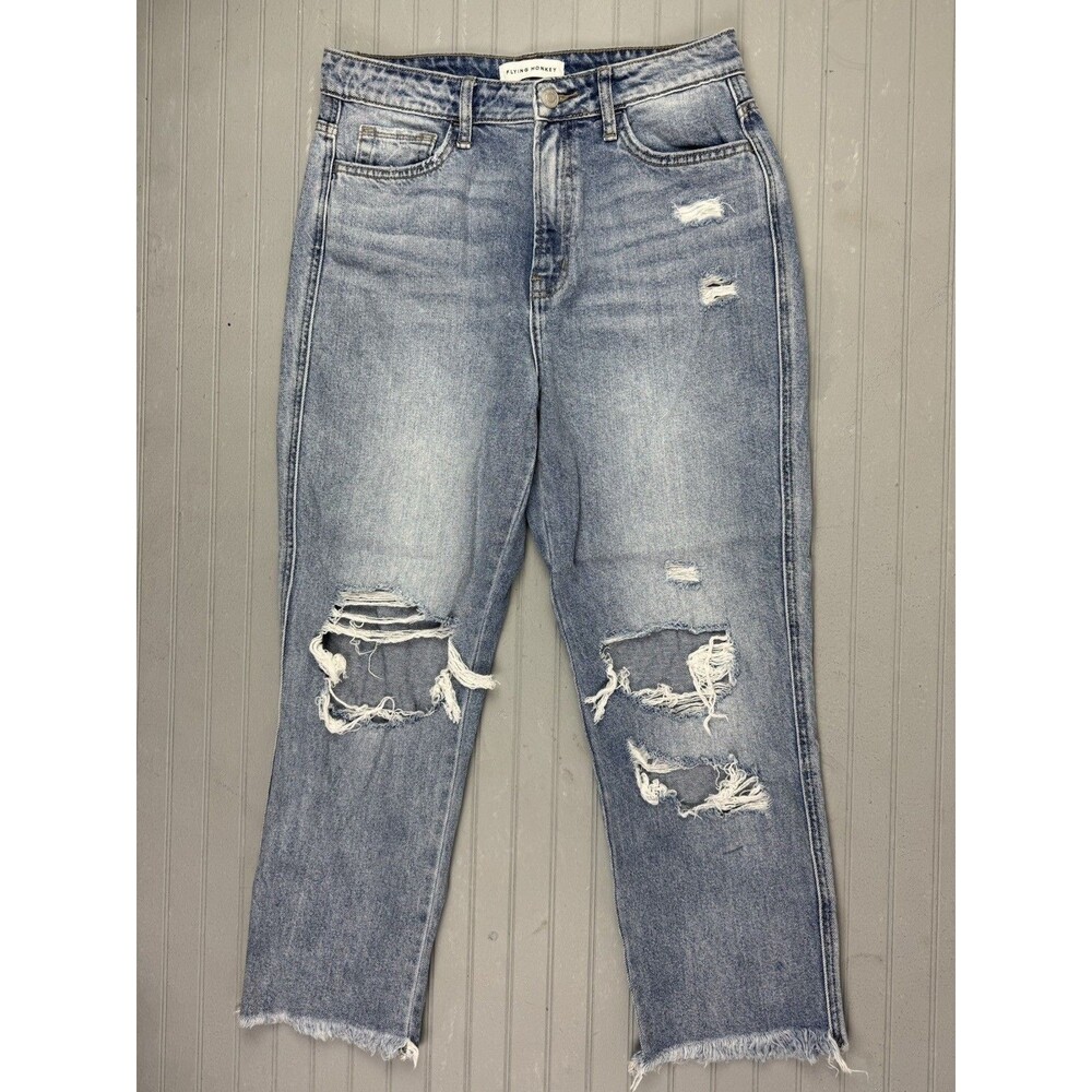 Flying Monkey 28 Womens Jeans Distress Crop Raw Hem Light Wash High Rise Cotton